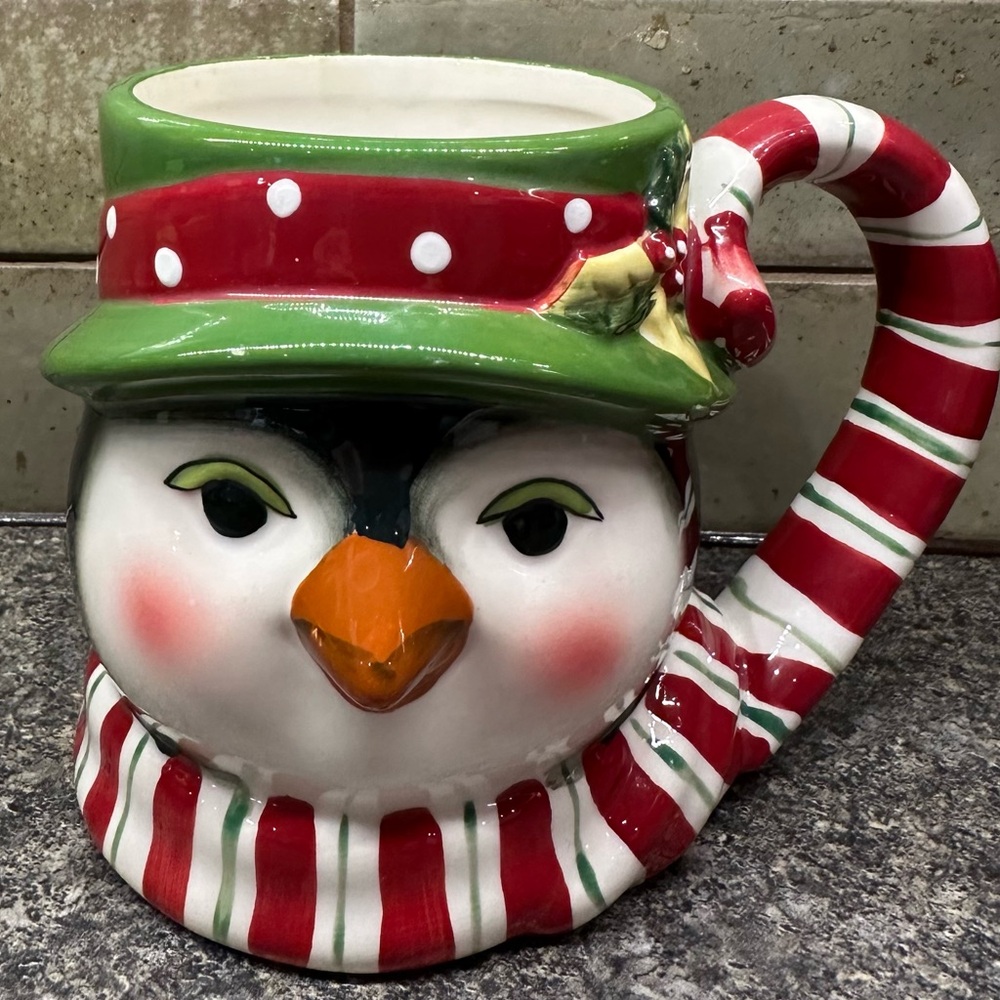 Susan Winget Festive 3D Penguin Mug with Red and Green Accents